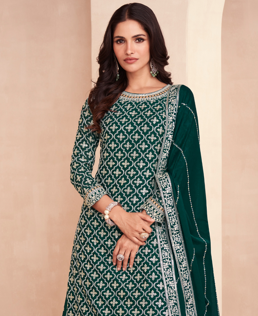Designer Blooming Chinon Based Green Gharara Suit For Women