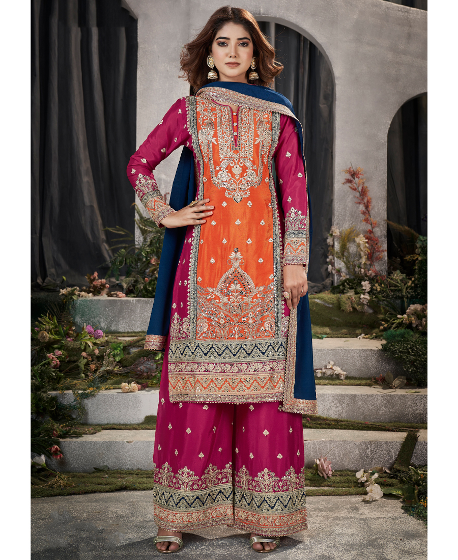Designer Orange Multicolored Chinon Palazzo Suit Set For Women - Image 2