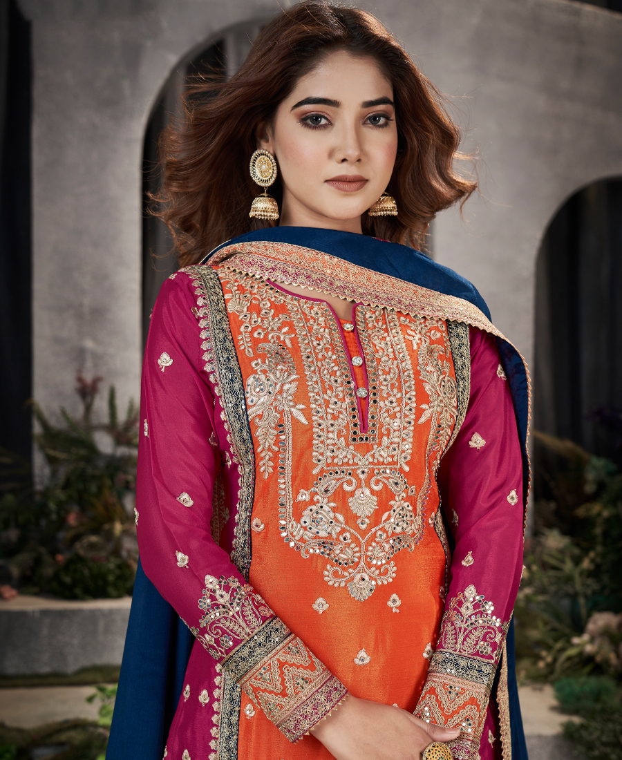 Designer Orange Multicolored Chinon Palazzo Suit Set For Women