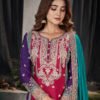 Designer Pink Multicolored Chinon Palazzo Suit Set For Women