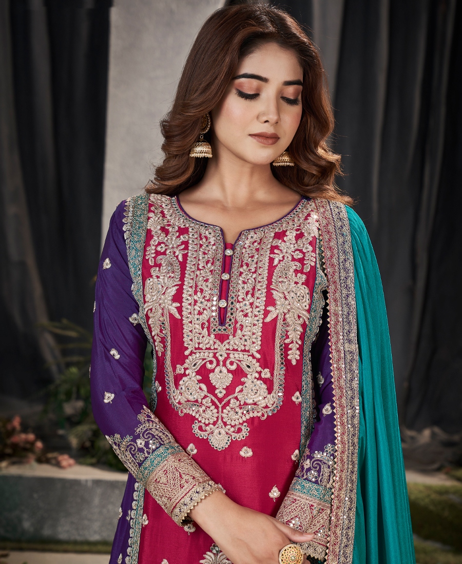 Designer Pink Multicolored Chinon Palazzo Suit Set For Women