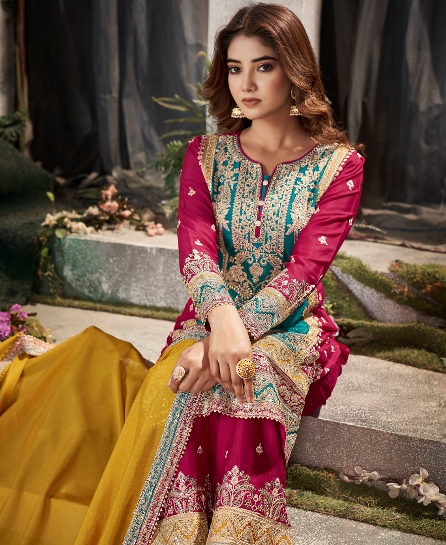 Designer Aqua Blue Multicolored Chinon Palazzo Suit Set For Women