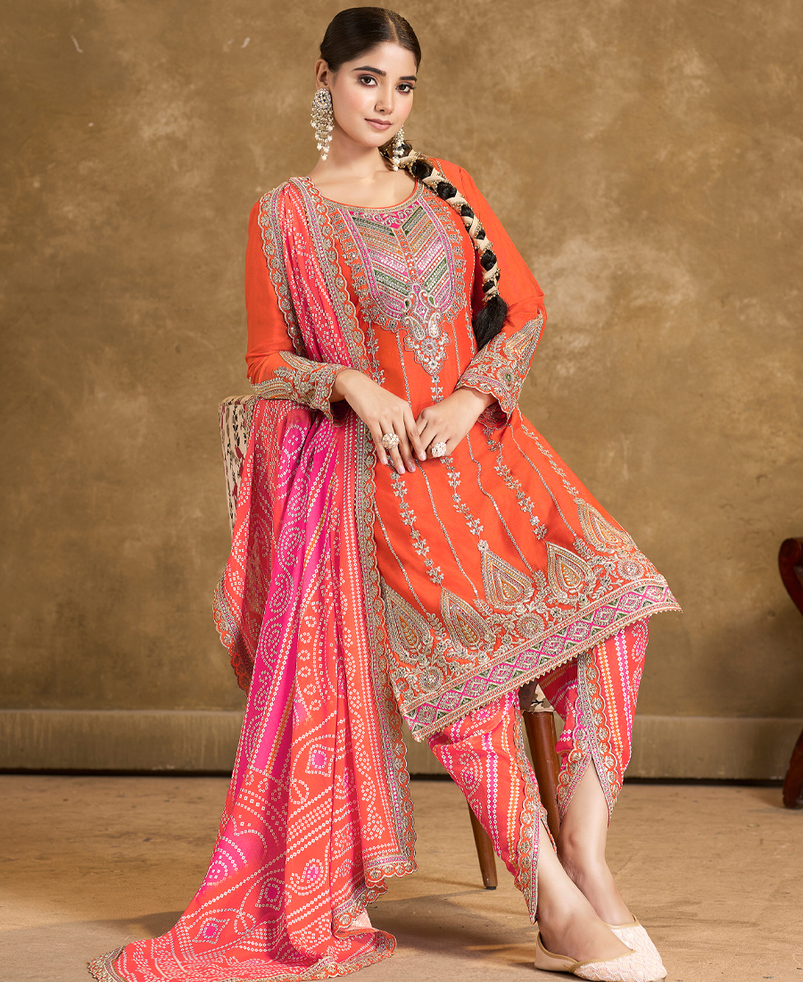 Orange Punjabi Style Suit Set For Women Ethnic Wear - Image 3
