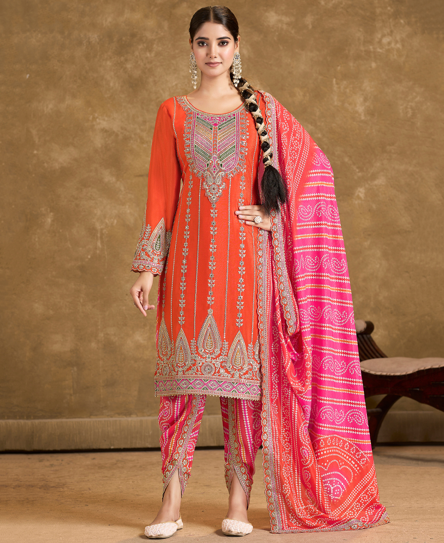 Orange Punjabi Style Suit Set For Women Ethnic Wear