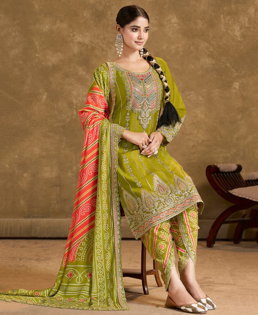 Green Punjabi Style Suit Set For Women Ethnic Wear - Image 3
