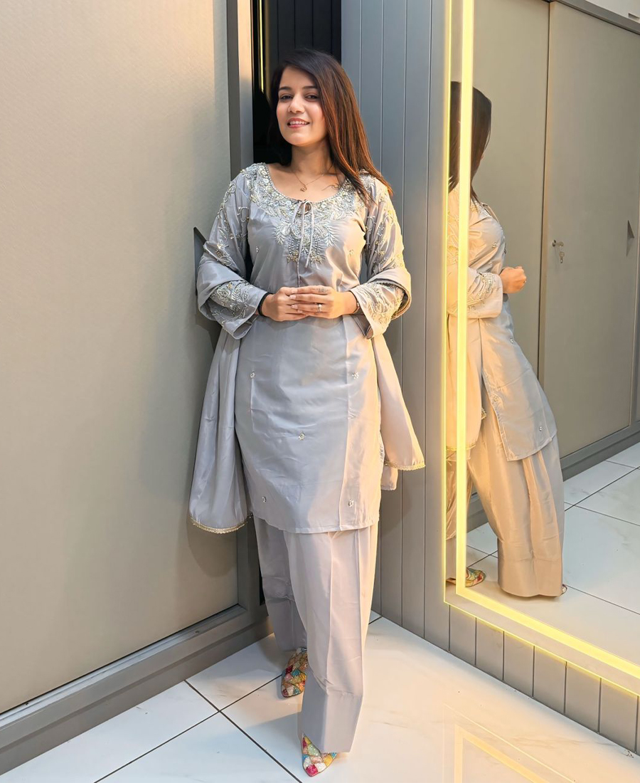 Grey Farshi Salwar Suit For Women Hand Embroidery Work