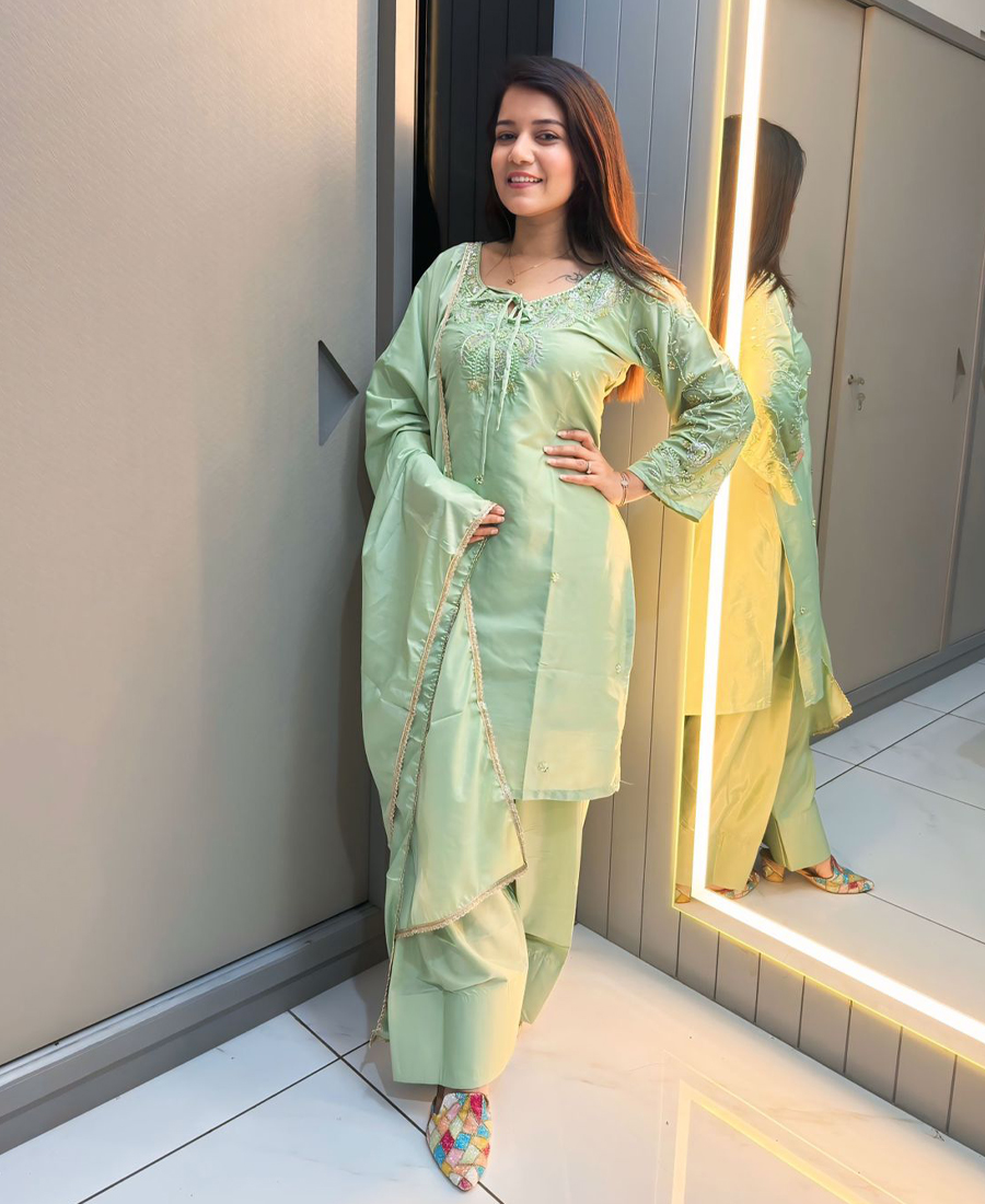 Pista Green Farshi Salwar Suit For Women Hand Embroidery Work - Image 3