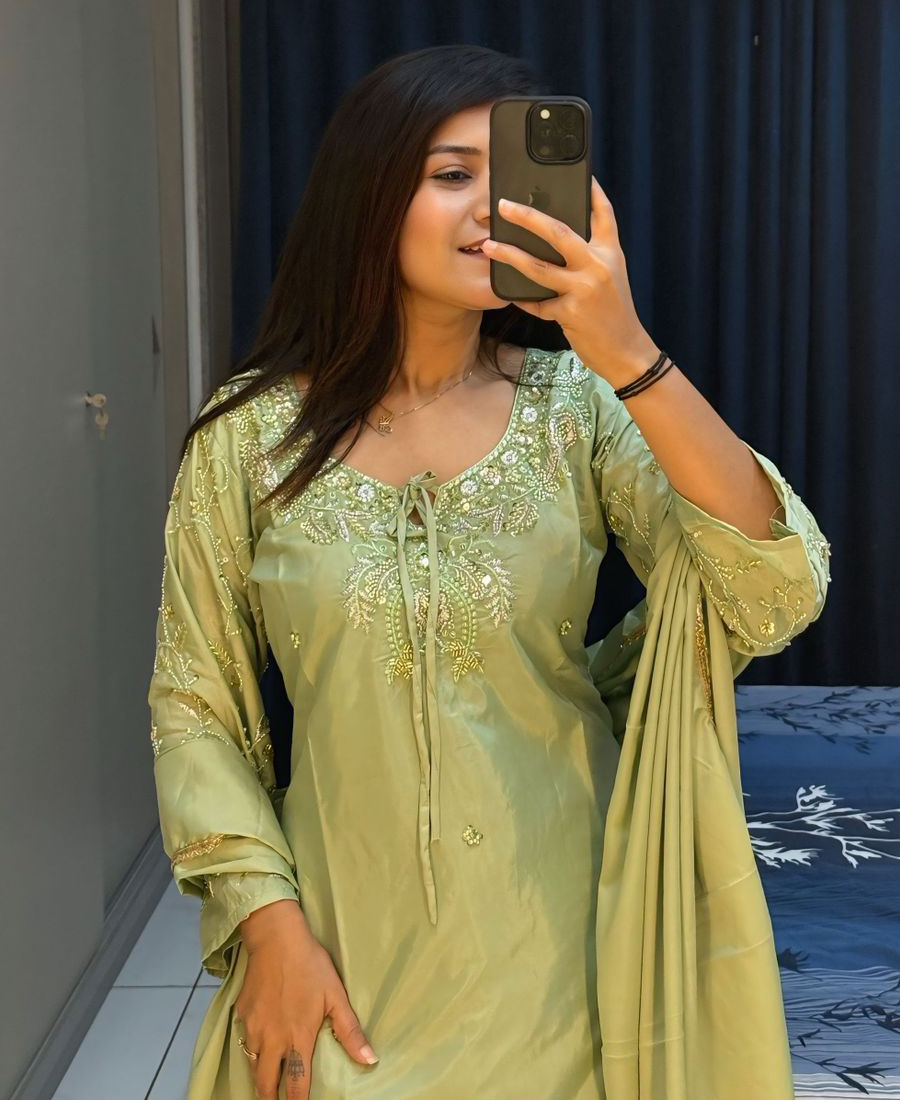 Pista Green Farshi Salwar Suit For Women Hand Embroidery Work - Image 2
