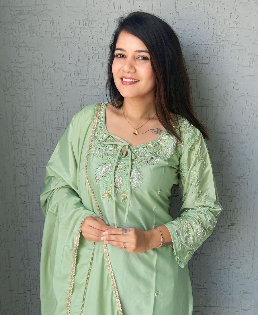 Pista Green Farshi Salwar Suit For Women Hand Embroidery Work