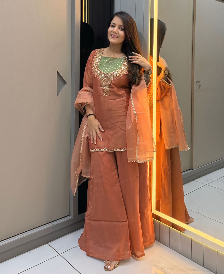 Roman Silk Orange Farshi Palazzo Suit Set For Women Wedding Wear