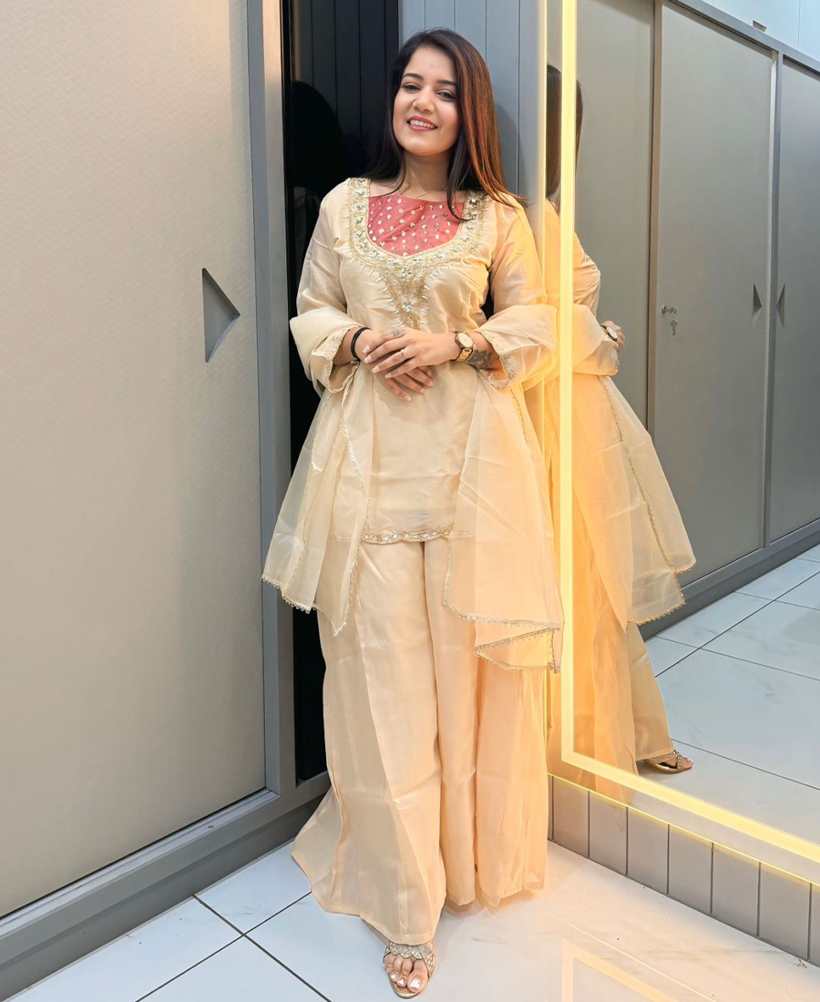 Roman Silk Off White Farshi Palazzo Suit Set For Women Wedding Wear