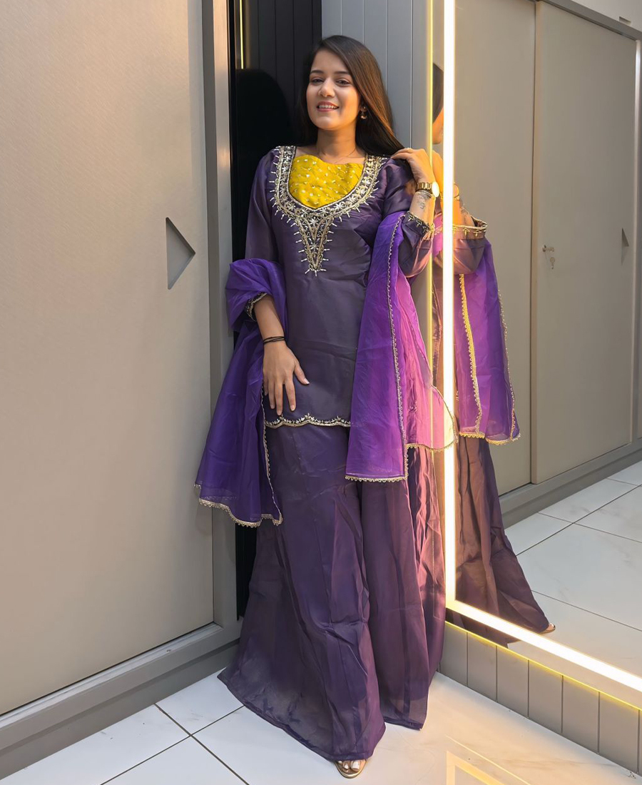 Roman Silk Purple Farshi Palazzo Suit Set For Women Wedding Wear - Image 2