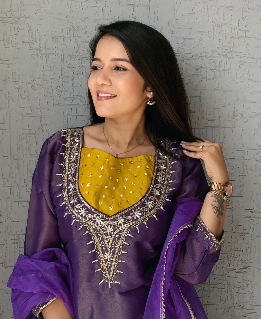 Roman Silk Purple Farshi Palazzo Suit Set For Women Wedding Wear