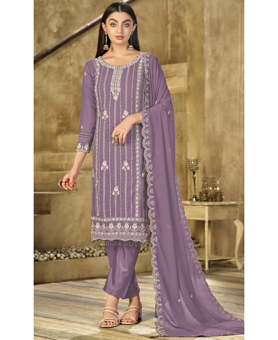 New Purple Georgette Pakistani Straight Suit For Women - Image 2