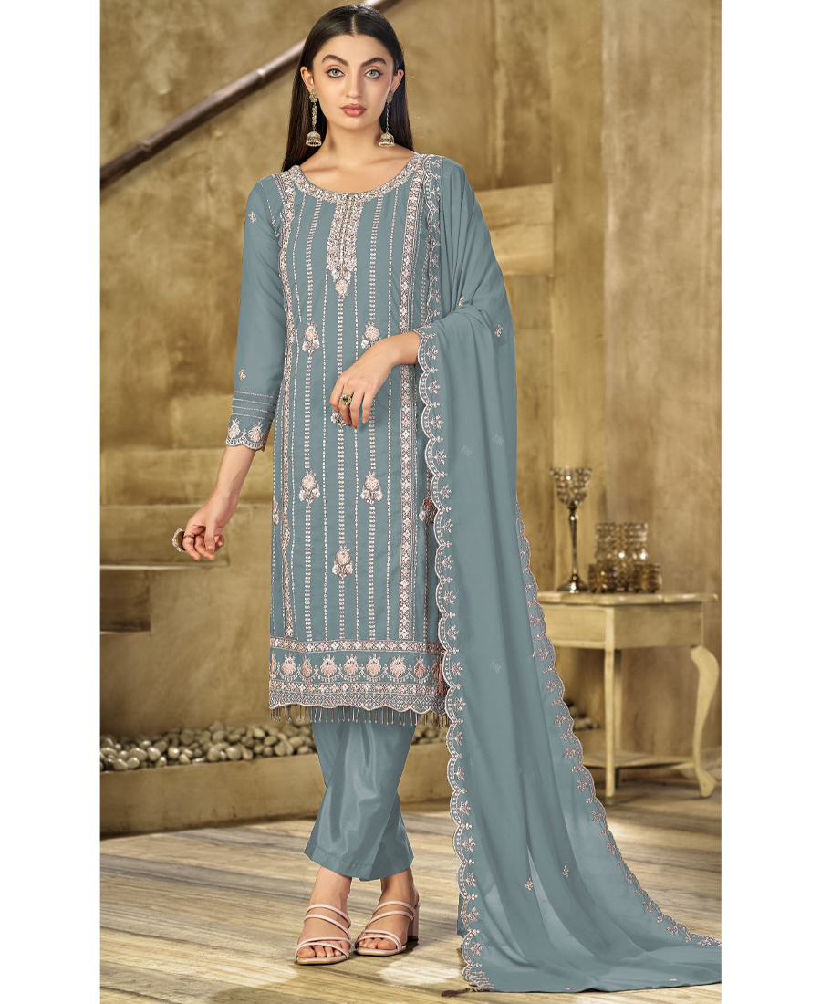 New Blue Georgette Pakistani Straight Suit For Women - Image 2