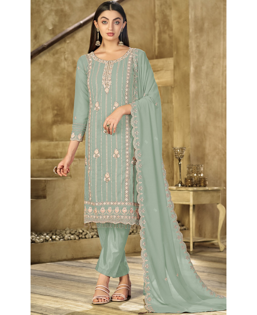 New Sky Blue Georgette Pakistani Straight Suit For Women - Image 2