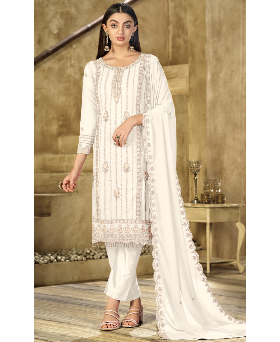 New White Georgette Pakistani Straight Suit For Women - Image 2