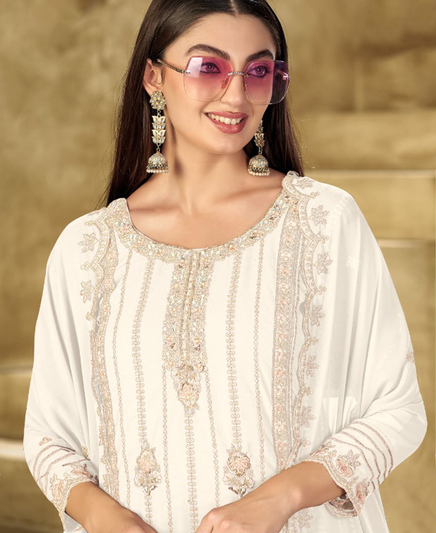 New White Georgette Pakistani Straight Suit For Women