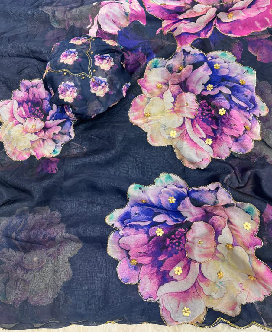 Floral Printed Navy Blue Tabby Silk Saree For Women With Hand Work - Image 6