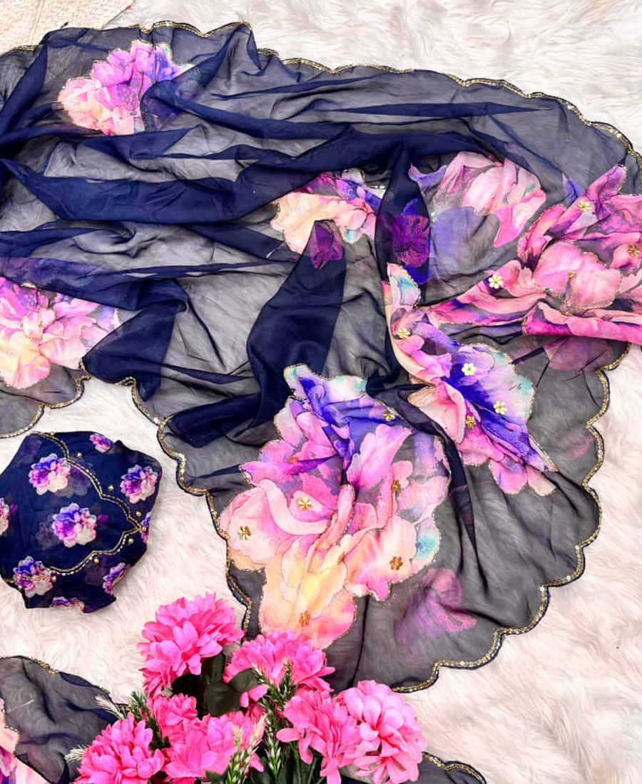 Floral Printed Navy Blue Tabby Silk Saree For Women With Hand Work - Image 5