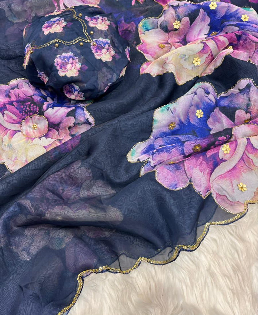 Floral Printed Navy Blue Tabby Silk Saree For Women With Hand Work - Image 4