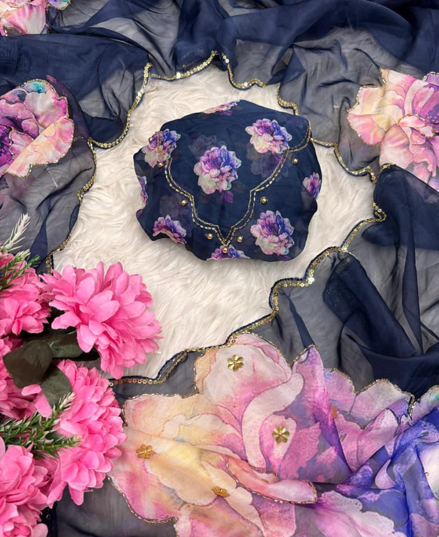 Floral Printed Navy Blue Tabby Silk Saree For Women With Hand Work - Image 3