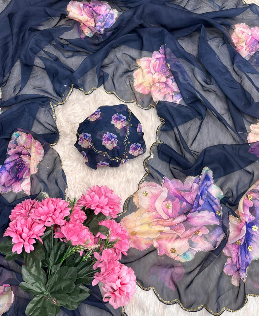 Floral Printed Navy Blue Tabby Silk Saree For Women With Hand Work - Image 2