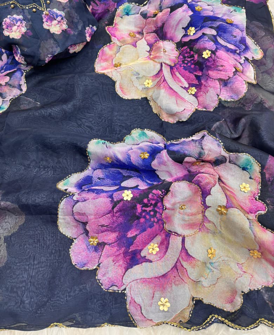 Floral Printed Navy Blue Tabby Silk Saree For Women With Hand Work