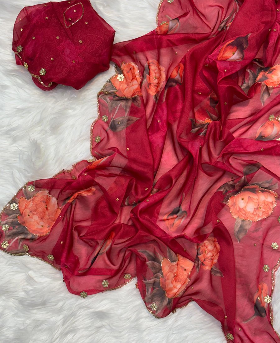 Latest Summer Wedding Wear Red Floral Printed Saree For Women