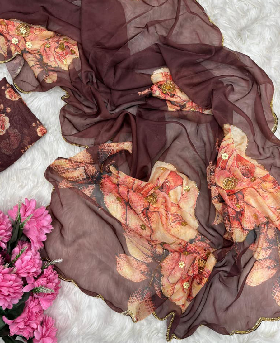 Beautiful Floral Printed Tabby Silk Saree For Women With Hand Embrodiery