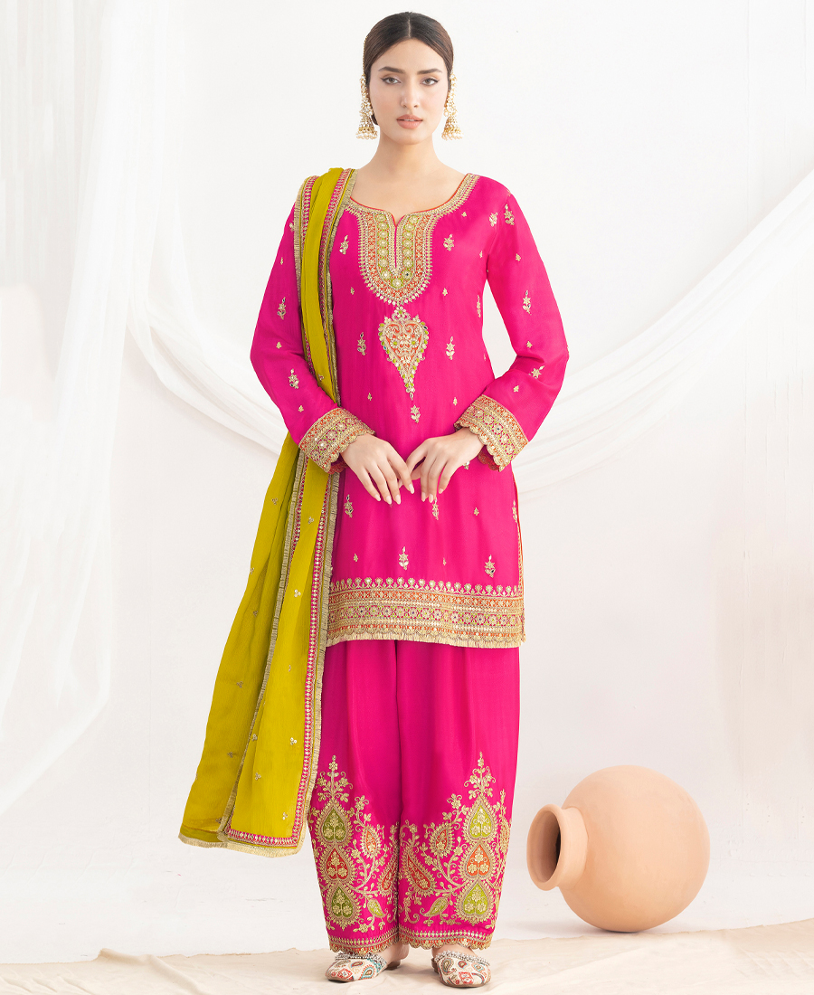 Latest Pink Farshi Suit Set For Women With Contrast Dupatta Ethnic Wear