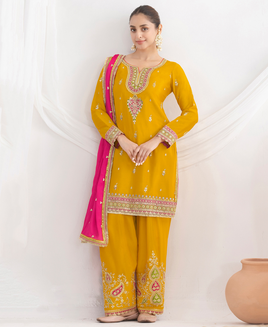 Latest Yellow Farshi Suit Set For Women With Contrast Dupatta Ethnic Wear