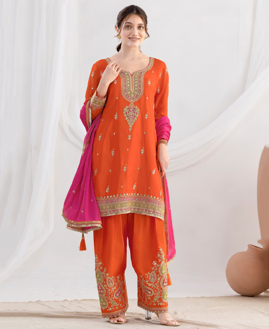 Latest Orange Farshi Suit Set For Women With Contrast Dupatta Ethnic Wear