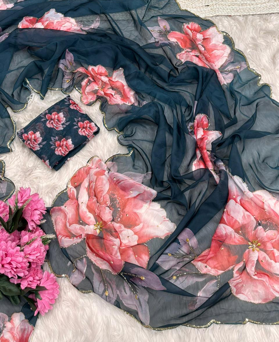 Beautiful Blue Tabby Silk Saree For Women Summer Wear - Image 8