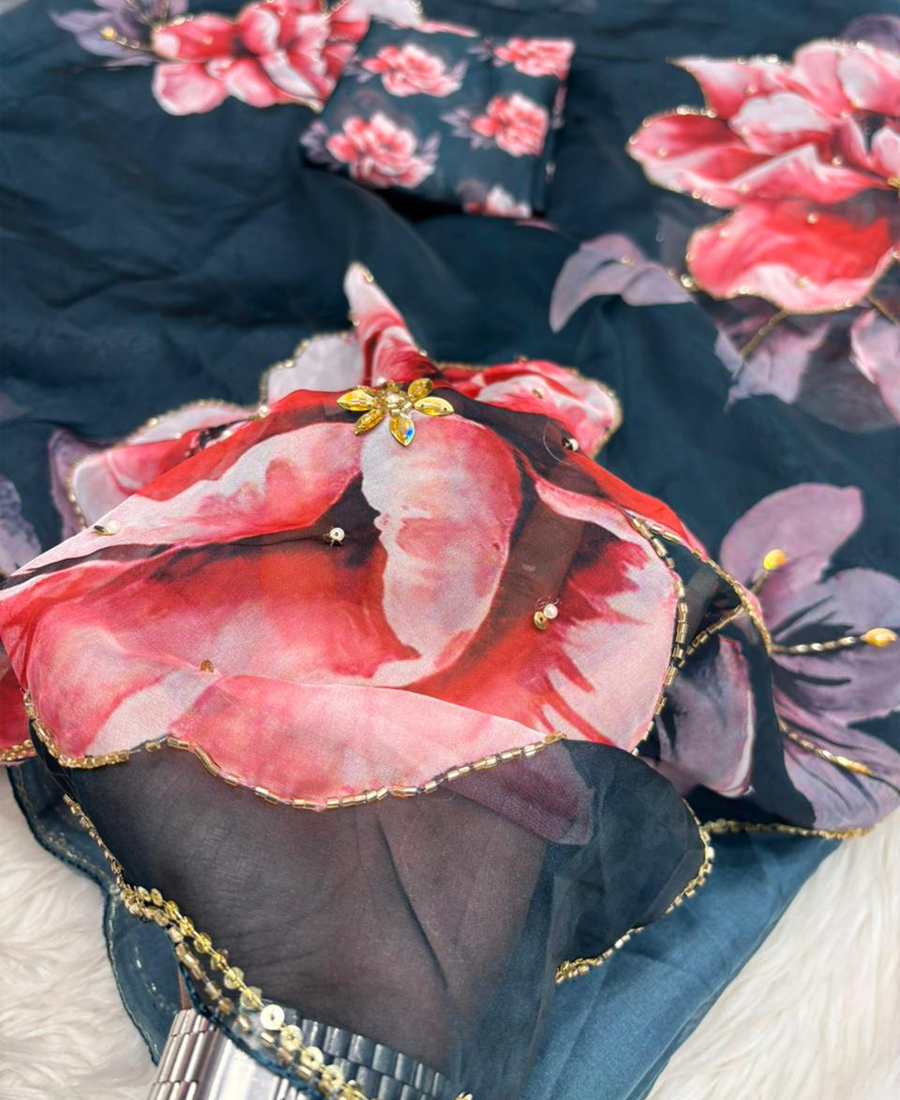 Beautiful Blue Tabby Silk Saree For Women Summer Wear - Image 6