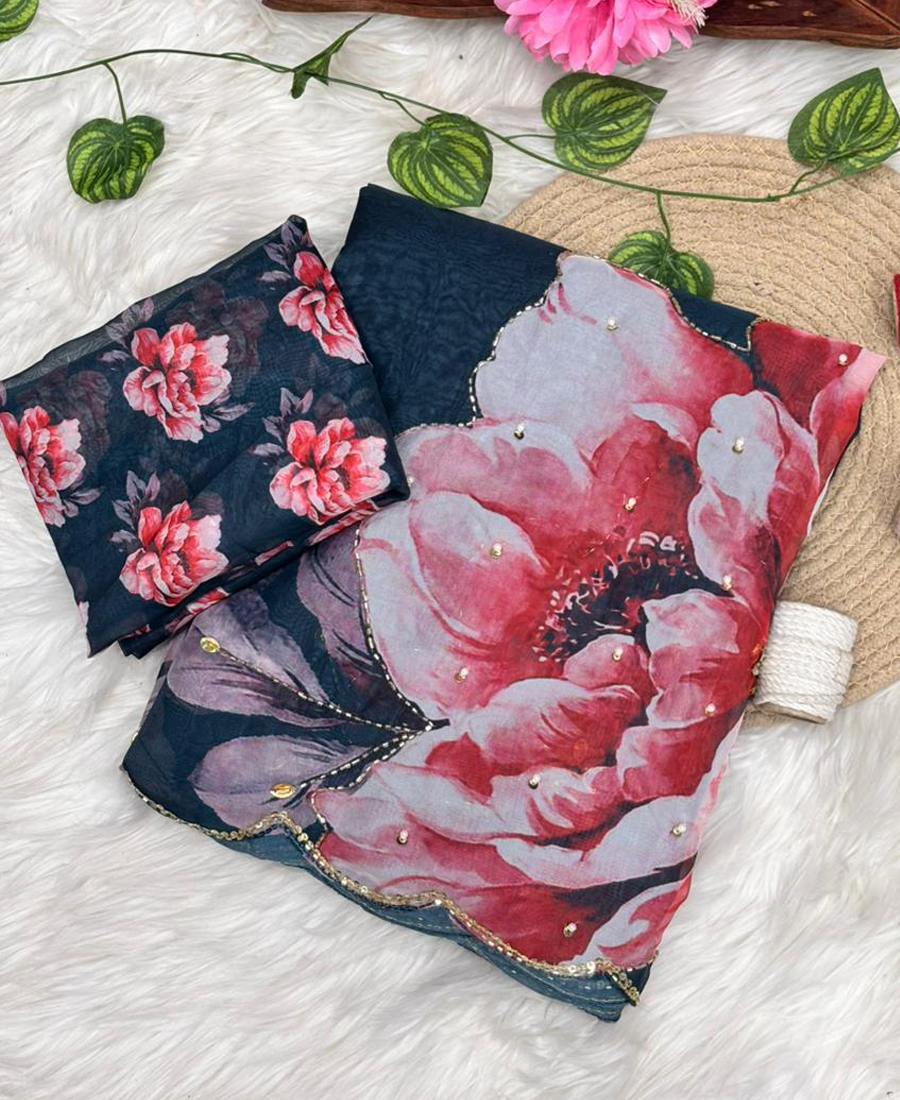 Beautiful Blue Tabby Silk Saree For Women Summer Wear - Image 4