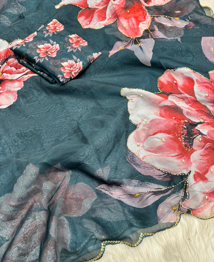 Beautiful Blue Tabby Silk Saree For Women Summer Wear - Image 3