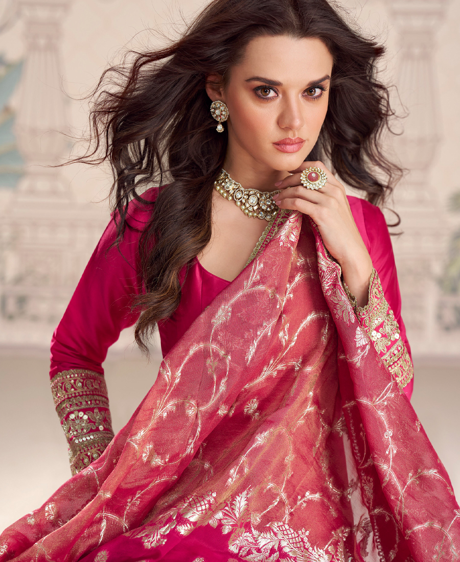 New Indian Heavy Wedding Wear Pink Silk Anarkali Suit For Women