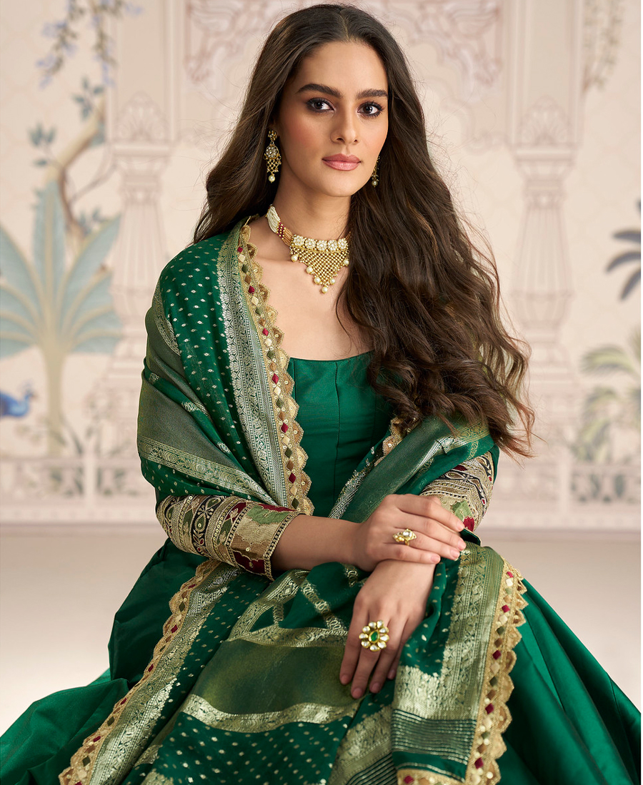 New Indian Heavy Wedding Wear Green Silk Anarkali Suit For Women