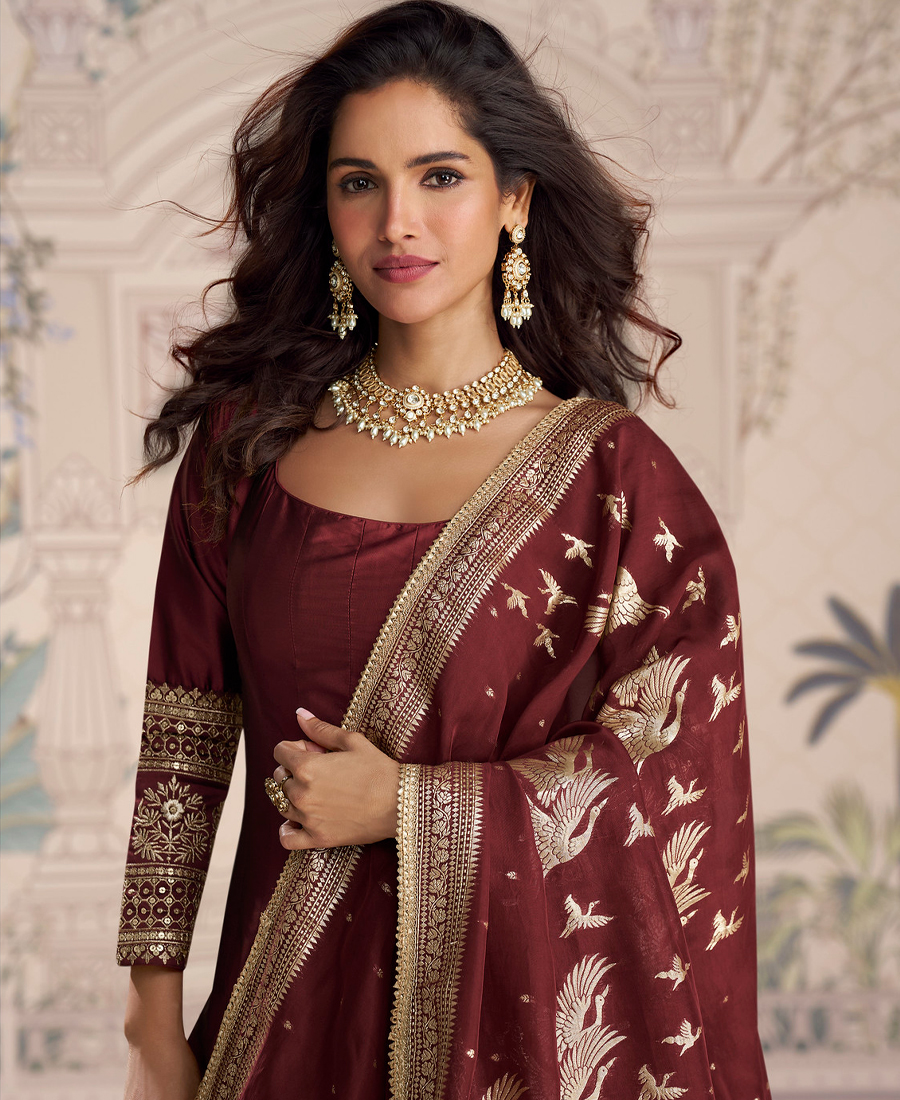 New Indian Heavy Wedding Wear Maroon Silk Anarkali Suit For Women