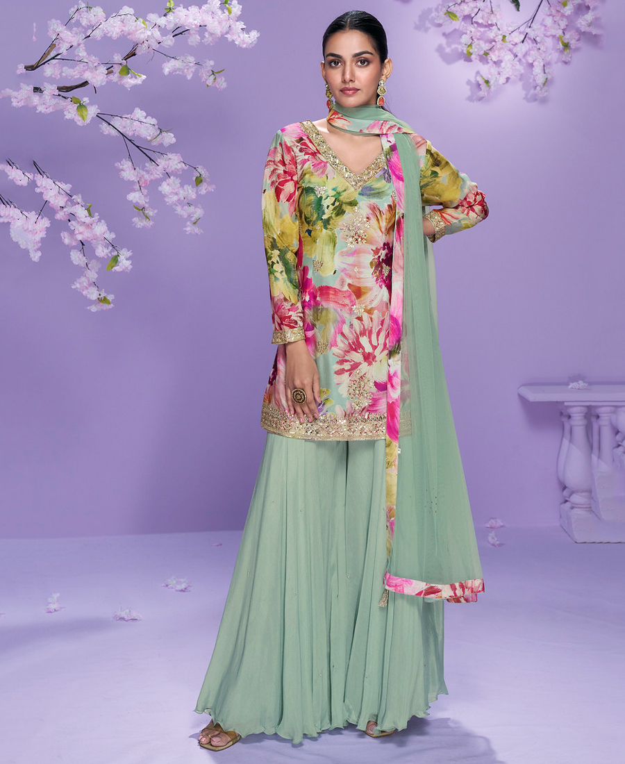 Floral Printed Elegant Pista Green Chinon Suit For Women