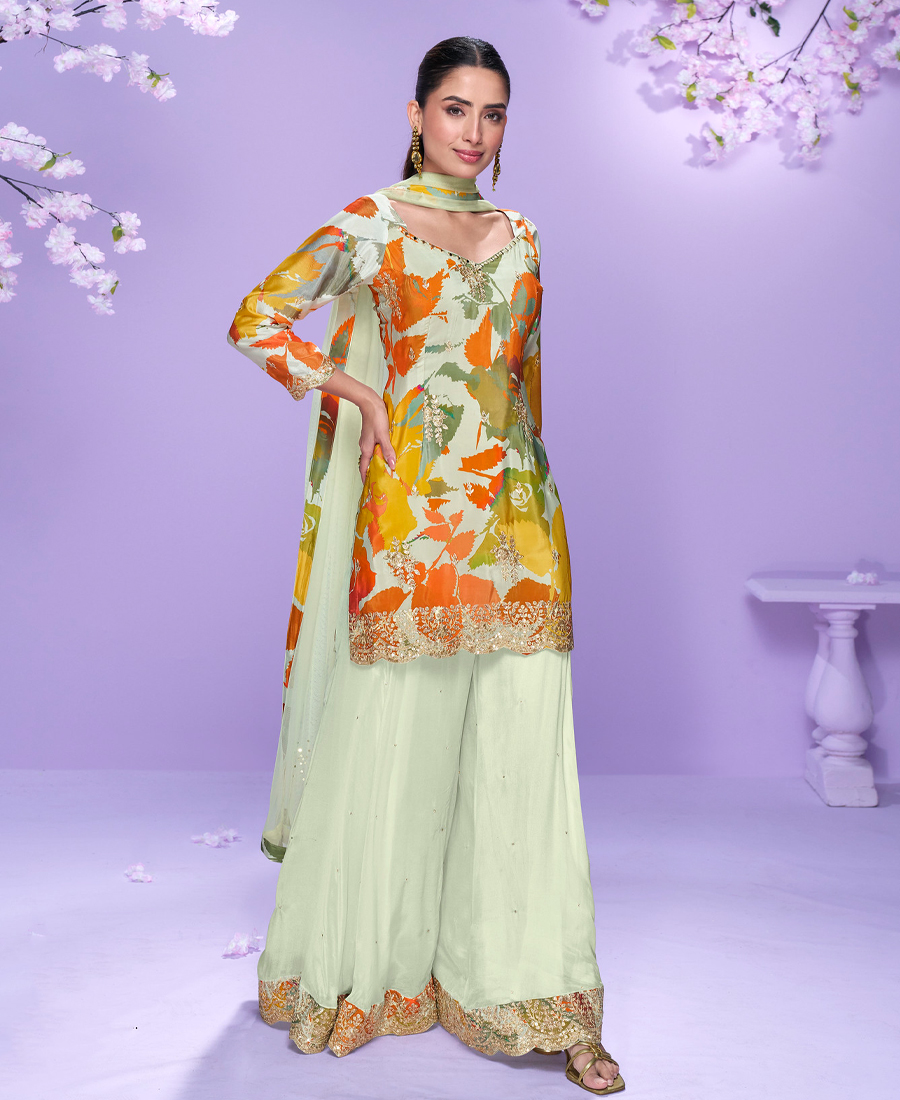 Floral Printed Elegant White Chinon Suit For Women - Image 3