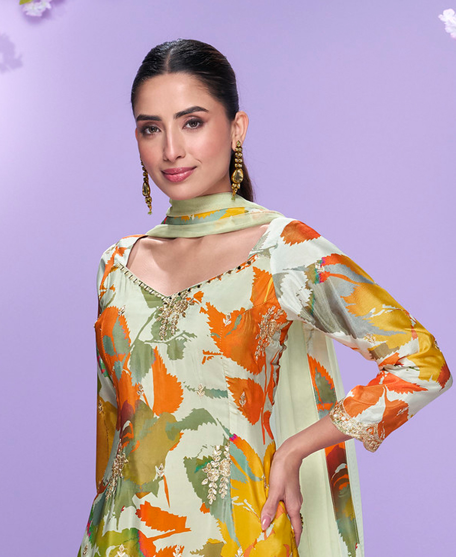 Floral Printed Elegant White Chinon Suit For Women - Image 2