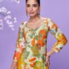 Floral Printed Elegant White Chinon Suit For Women