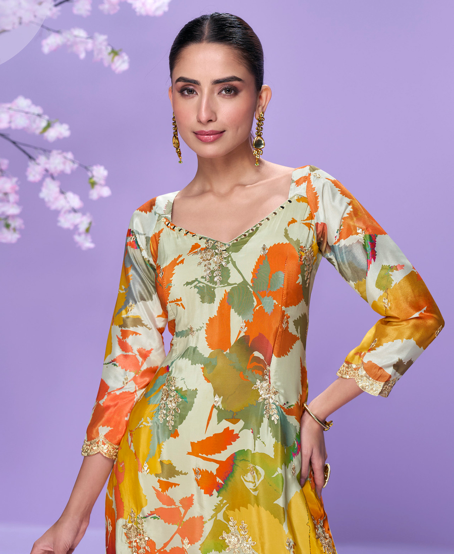 Floral Printed Elegant White Chinon Suit For Women