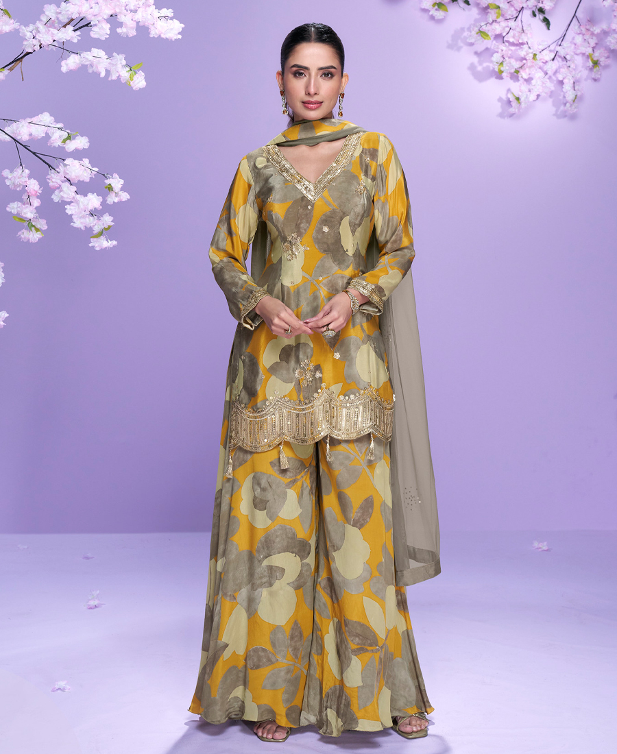 Floral Printed Elegant Yellow Chinon Suit For Women - Image 4