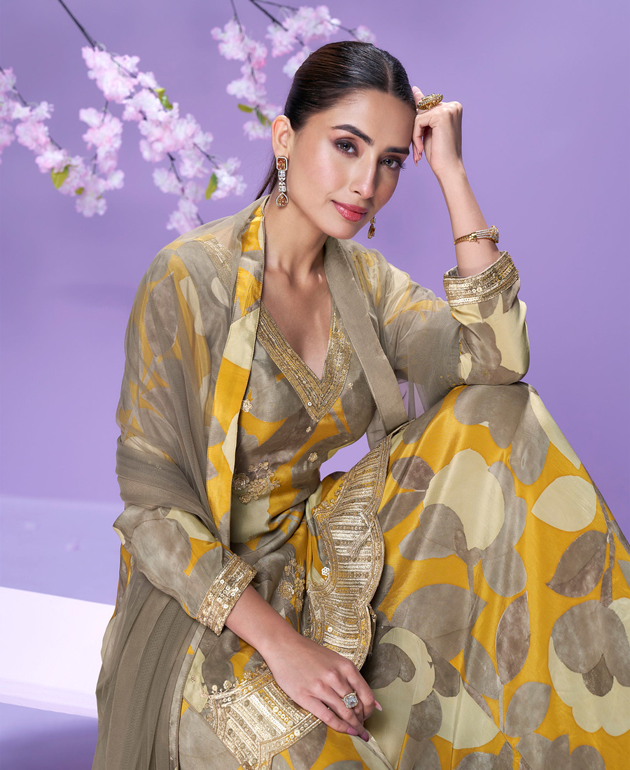 Floral Printed Elegant Yellow Chinon Suit For Women - Image 3