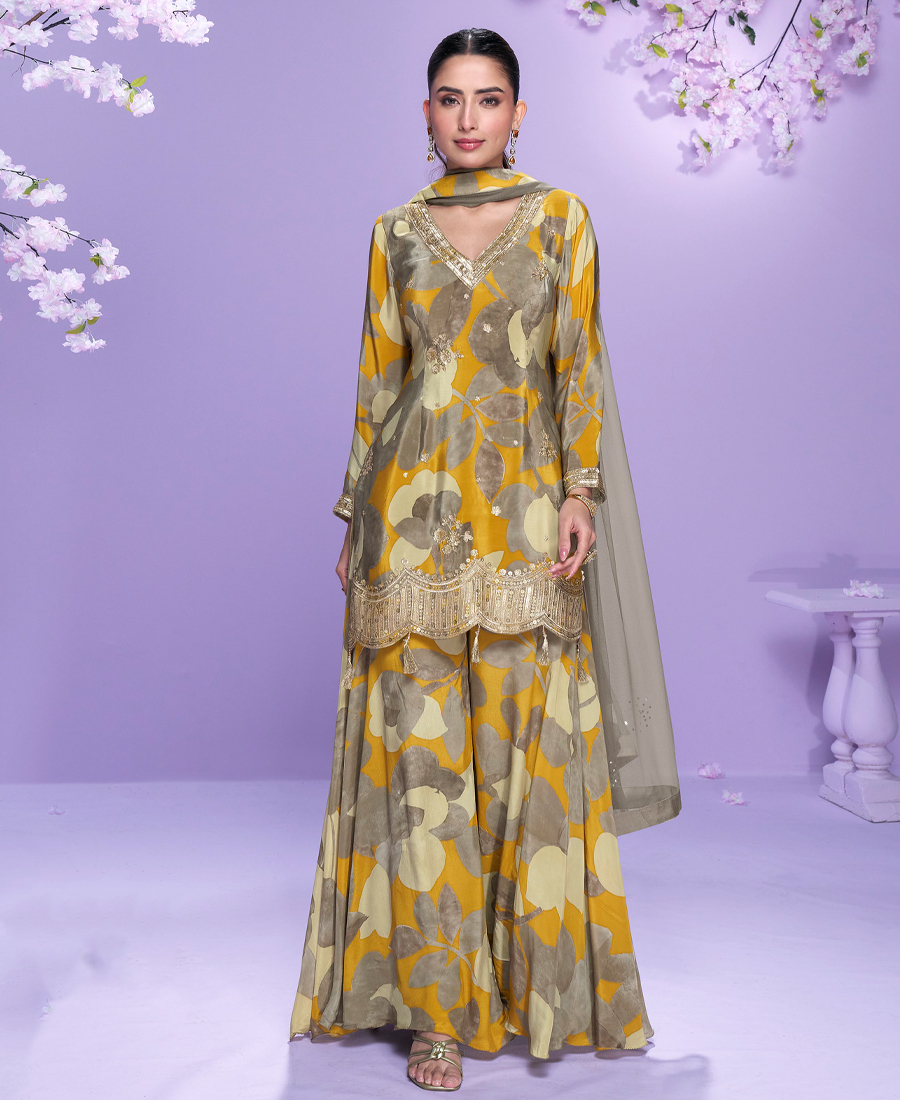 Floral Printed Elegant Yellow Chinon Suit For Women - Image 2
