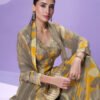 Floral Printed Elegant Yellow Chinon Suit For Women