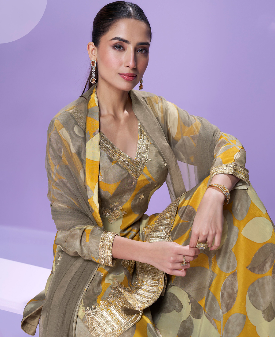 Floral Printed Elegant Yellow Chinon Suit For Women